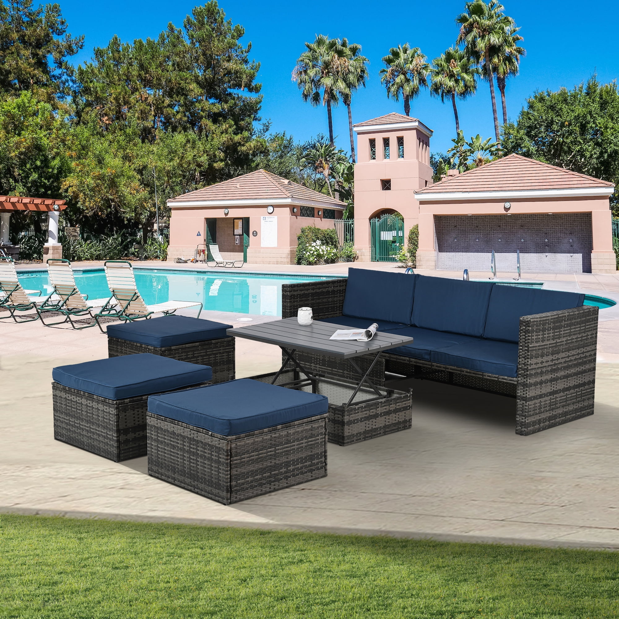 6-Person Dark Gray Wicker Outdoor Sectional Set with Blue Cushions