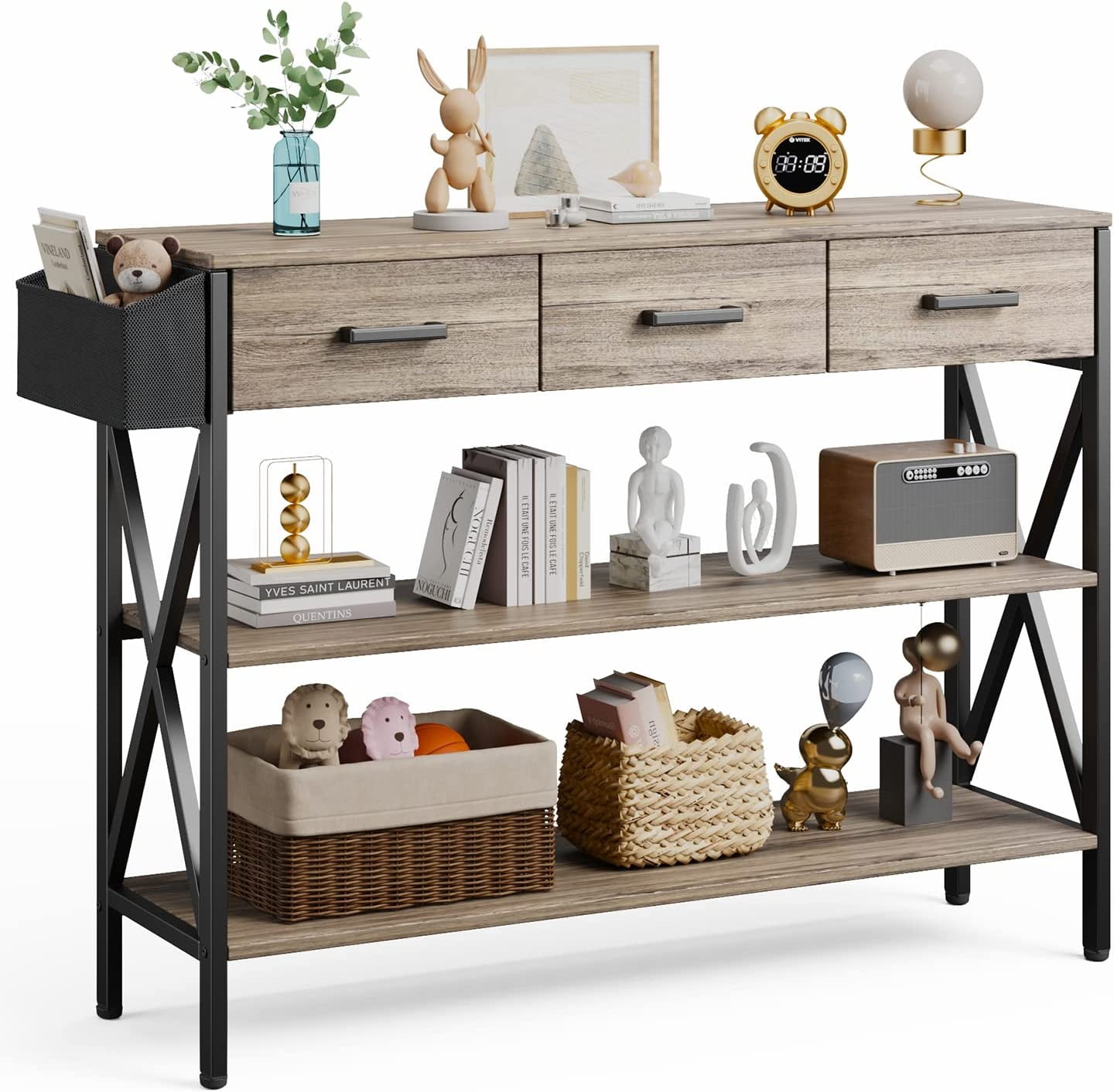 Mid-Century Modern Entryway Console Table With 3 Drawers & Open Shelves - Farmhouse Wood Hallway Table For Living Room, Bedroom (Navy Blue)