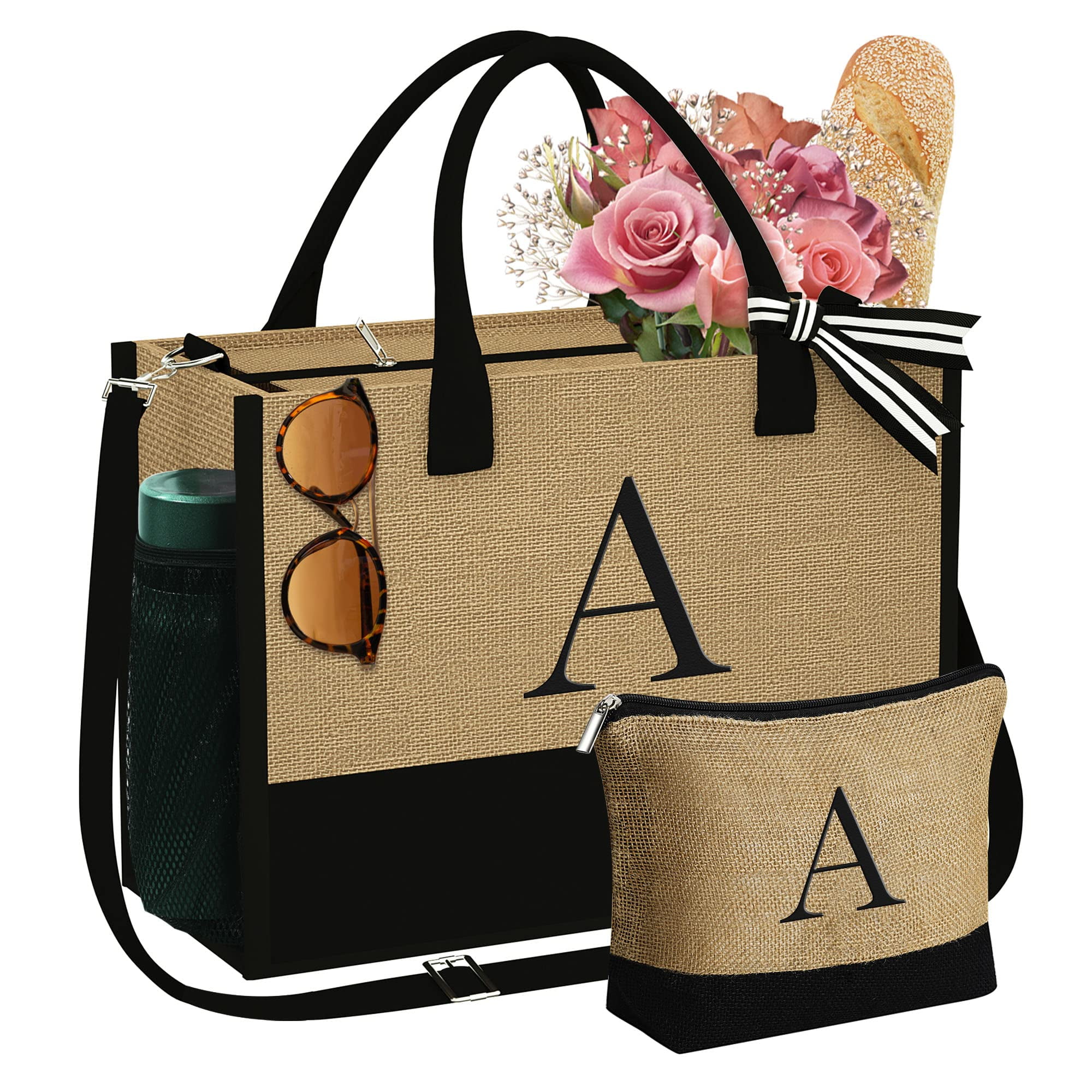 DOQAUS Initial Jute Canvas Tote Bag, with Zipper Pocket Adjustable ...