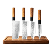 DORACOME 4-Piece Kitchen Knife Set, Tsuchime Hammered Forged Steel Knives with Wood Handle, Includes Cleaver, Chef Knife, Santoku & Paring Knife