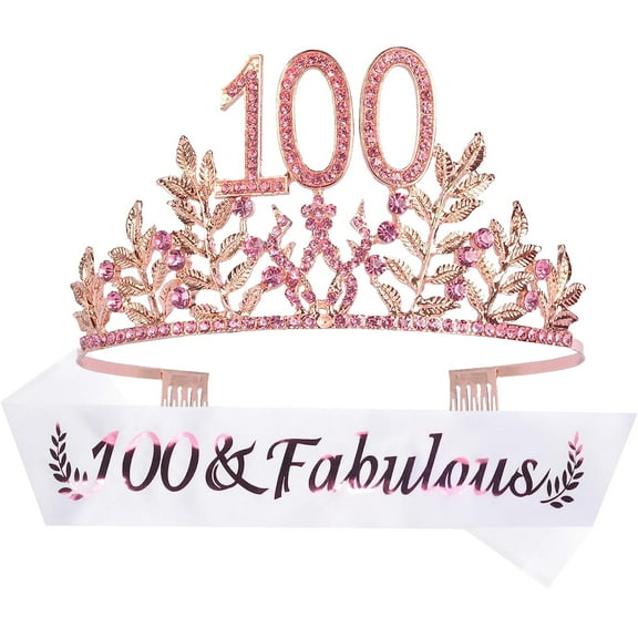 DORADREAMDEKO 100th Birthday Sash and Tiara for Women - Fabulous Glitter Sash + Leafs Rhinestone Pink Premium Metal Tiara for Her, 100th Birthday Gifts for 100 Celebration