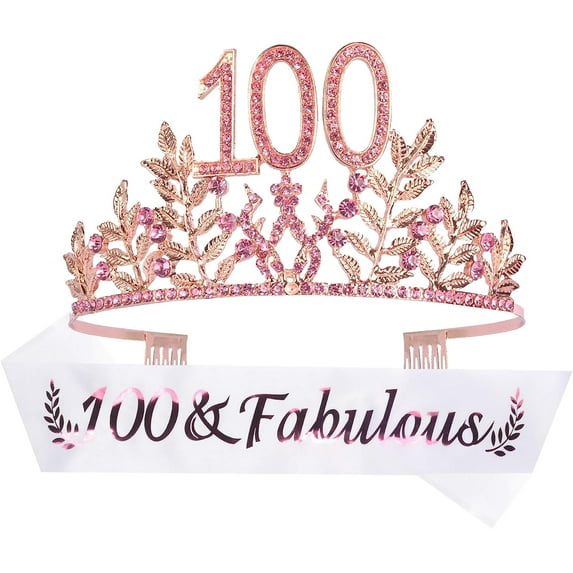 DORADREAMDEKO 100th Birthday Sash and Tiara for Women - Fabulous Glitter Sash + Leafs Rhinestone Pink Premium Metal Tiara for Her, 100th Birthday Gifts for 100 Celebration