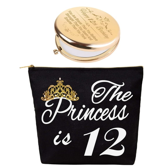 DORADREAMDEKO 12th Birthday Gifts for Girls - Gold and Black 12 Year Old Girl Presents, Mirror and Makeup Bag for 12th Birthday Celebration