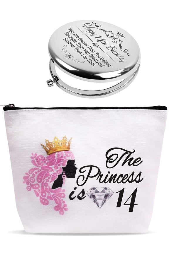 14th Birthday Gifts, Silver/White Mirror & Makeup Bag