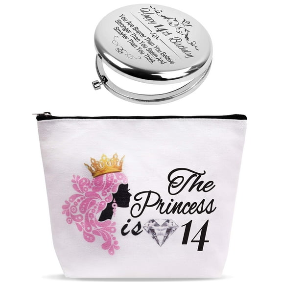 DORADREAMDEKO 14th Birthday Gifts, Silver/White Mirror & Makeup Bag