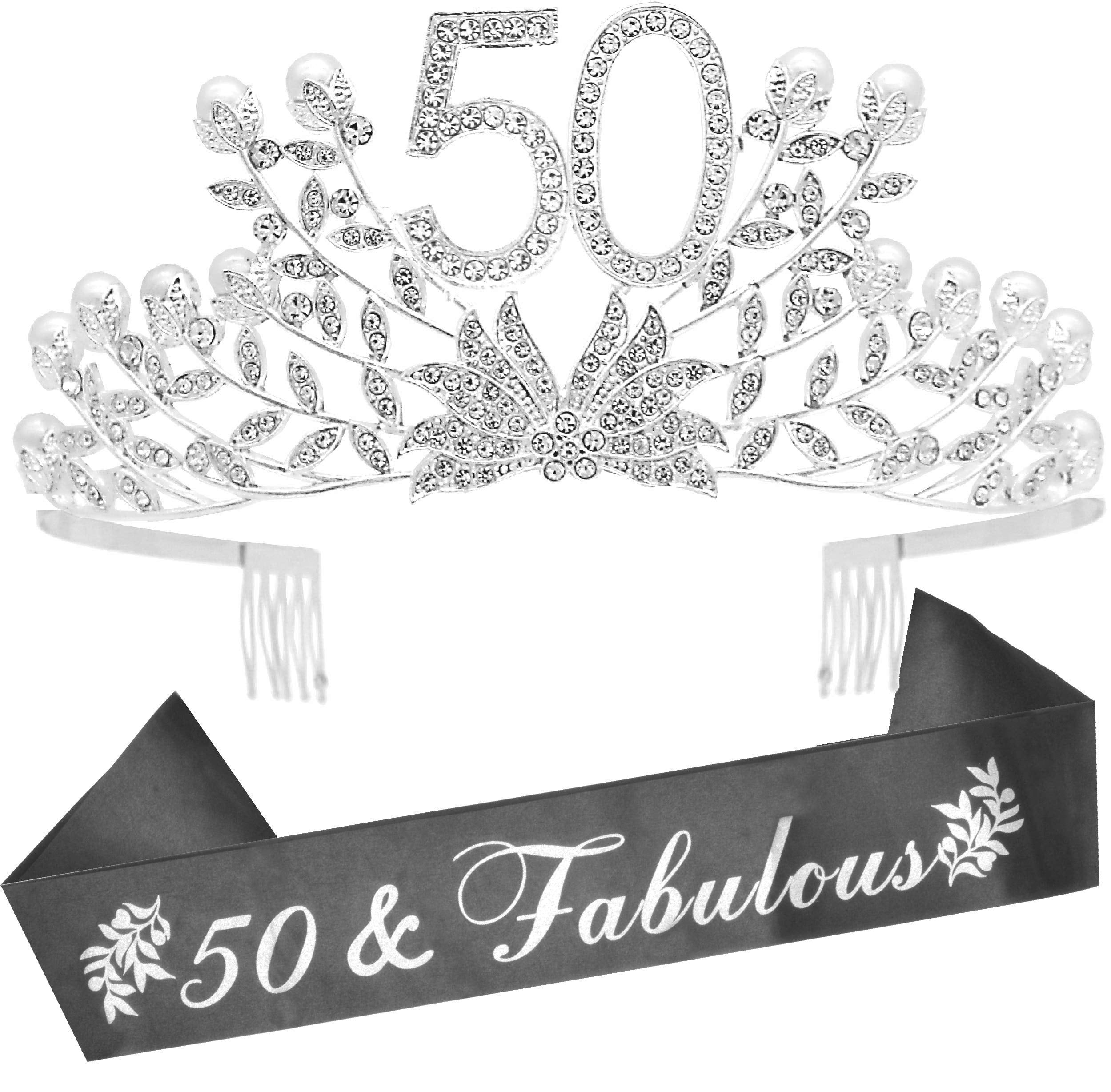 DORADREAMDEKO 50th Birthday Sash & Tiara Set - Silver Glitter & Rhinestone