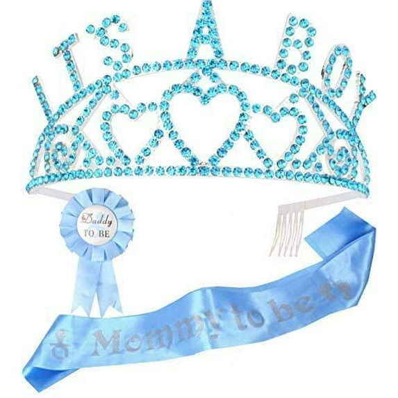 DORADREAMDEKO Baby Shower Decoration for Mom To Be And Dad To Be, Premium Metal Blue Tiara + Blue & Silver Sash + Premium Metal Daddy to be Blue & White pin, Maternity Gift for Her and Him