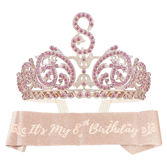 DORADREAMDEKO Forest Rhinestone Pink Tiara and Glitter Sash Set - Perfect 8th Birthday Gift for Princess Party Girls