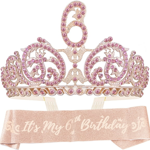 DORADREAMDEKO Pink Glitter Sash and Rhinestone Tiara Set - Perfect 6th Birthday Gift for Princess Party