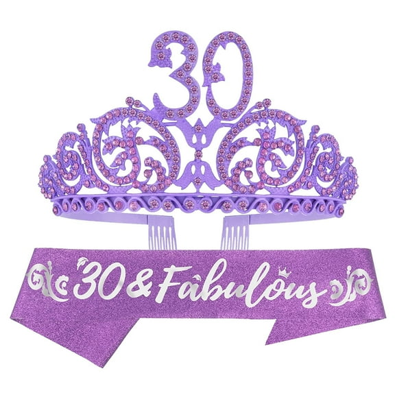 DORADREAMDEKO Fabulous 30th Birthday Sash and Tiara for Women - Forest Rhinestone Purple Tiara + Glitter Sash - Ideal Birthday Gift, Party Favors and Decoration for Her, Women, and Girls