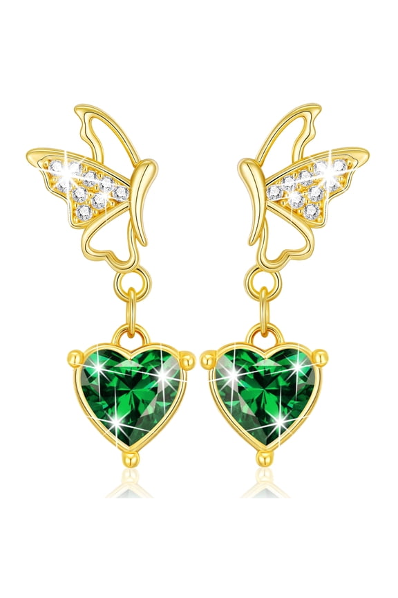 18K Gold Plated Butterfly Love Heart Drop Earrings for Women Girls CZ May Birthstone Earrings with Green Emerald Birthday Easter Basket Stuffers Jewelry Gifts Teen Adults Girlfriend Kids Age