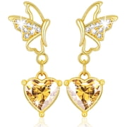 DORANA 18K Gold Plated Butterfly Heart Drop Earrings for Women Girls Hypoallergenic Post November Birthstone Earrings with Yellow Citrine Topaz Birthday Mothers Day Jewelry Gifts Teen Her Kids Age
