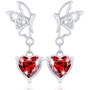 DORANA 18K White Gold Plated Butterfly Heart Drop Earrings for Women Girls S925 Sterling Silver Post January Birthstone Earrings with Red Garnet Birthday Jewelry Gifts Teen Mom Her Kids