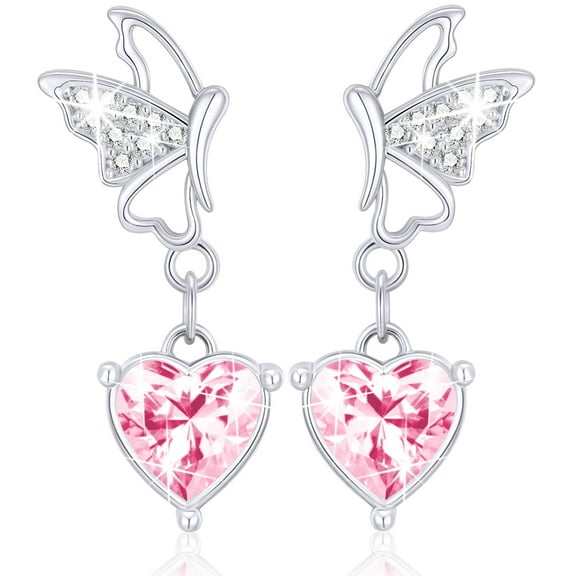 DORANA 18K White Gold Plated Love Drop Earrings for Women Girls CZ S925 Sterling Silver October Birthstone Earrings with Pink Tourmaline Birthday Valentines Day Jewelry Gifts Teen Girlfriend Wife Mom