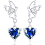 DORANA 18K White Gold Plated Butterfly Heart Drop Earrings for Women Girls S925 Sterling Silver Post September Birthstone Earrings with Blue Sapphire Birthday Jewelry Gifts Teen Mom Kids