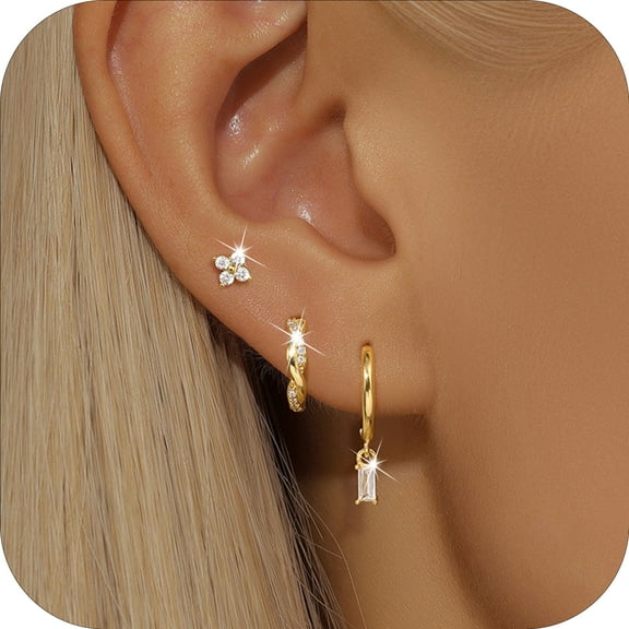 DORANA 3 Pairs 18K Gold Plated Stud Earrings for Women CZ Hypoallergenic Post S925 Sterling Silver Drop Earring Set Twist Hoop Earrings Birthday Valentines Day Jewelry Gifts Teen Girlfriend Wife Mom