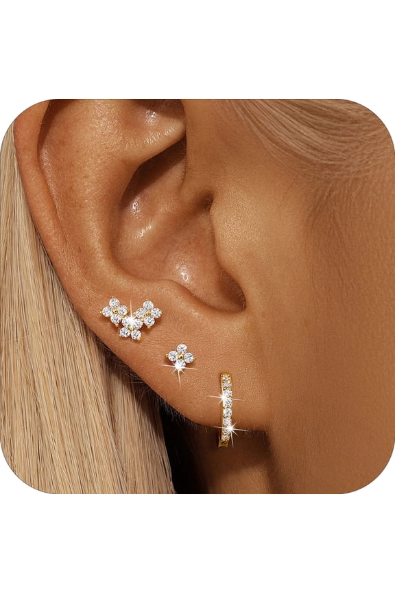 3 Pairs 18K Gold Plated Flower Stud Earrings for Women CZ Stacks Hypoallergenic Post S925 Sterling Silver Earring Set Hoop Earrings Birthday Valentines Day Jewelry Gifts Teen Girlfriend Wife