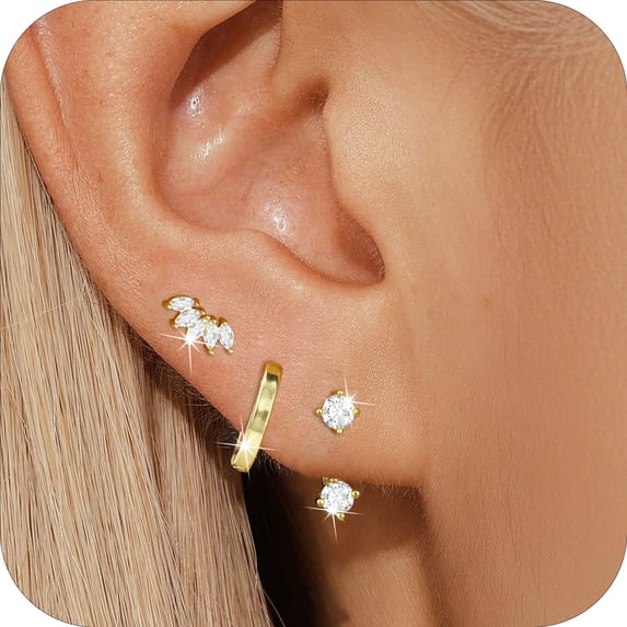 DORANA 3 Pairs 18K Gold Plated Stud Earrings for Women CZ Stacks Hypoallergenic S925 Sterling Silver Post Earring Set Hoop Earrings Birthday Graduation Mothers Day Jewelry Gifts Teen Her Wife Mom