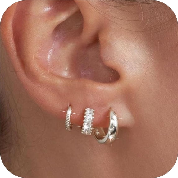 DORANA 3 Pairs 18K White Gold Plated Chunky Hoop Earrings for Women Hypoallergenic S925 Sterling Silver Post Cartilage Earring Set Birthday Graduation Mothers Day Jewelry Gifts Teen Her Wife Mom