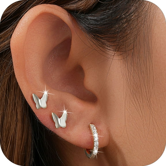 DORANA 3 Pairs 18K White Gold Plated Butterfly Stud Earrings for Women CZ Hypoallergenic Post S925 Sterling Silver Earring Set Hoop Earrings Birthday Valentines Day Jewelry Gifts Teen Girlfriend Wife