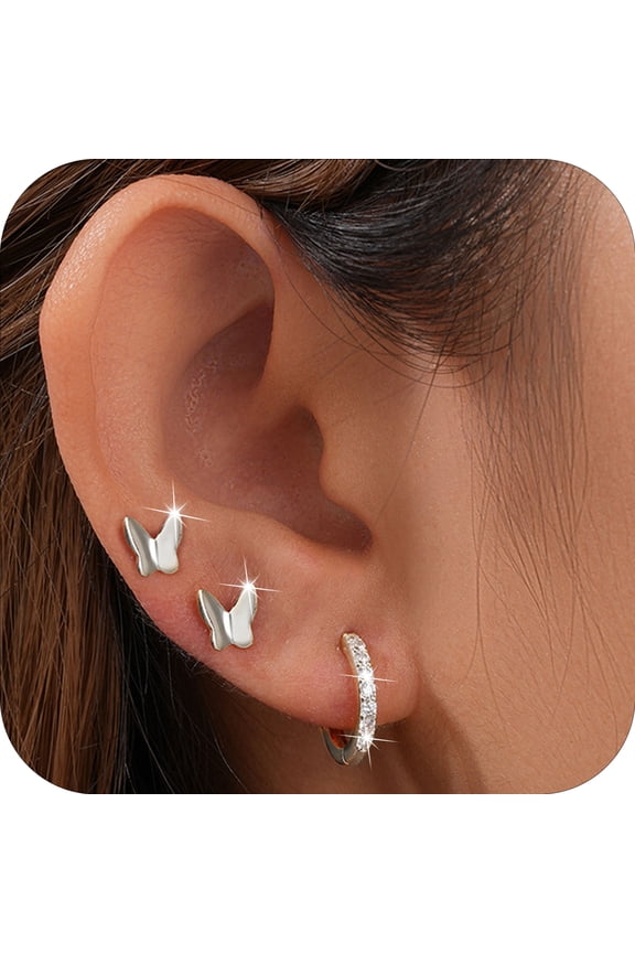 3 Pairs Stud Earrings for Women Small Hoop S925 Sterling Silver Post Cartilage Hypoallergenic Earring Sets for Multiple Piercing Birthday Valentines Day Jewelry Gifts Teen Girlfriend Wife Her