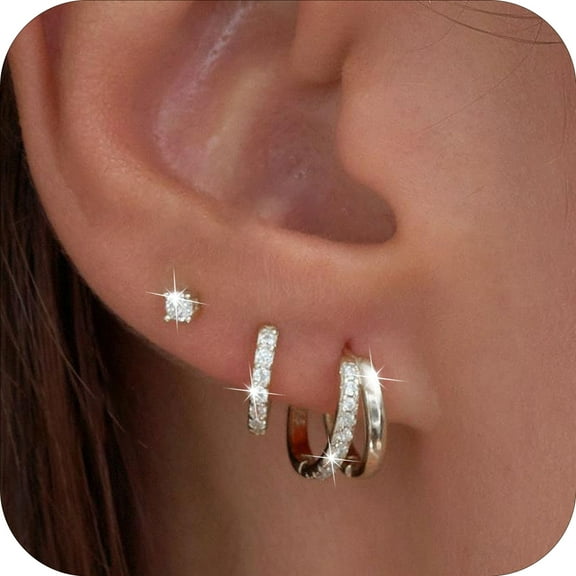 DORANA 3 Pairs 18K White Gold Plated Double Hoop Earrings for Women CZ Hypoallergenic Post S925 Sterling Silver Stud Earring Set Earrings Birthday Valentines Day Jewelry Gifts Teen Girlfriend Wife