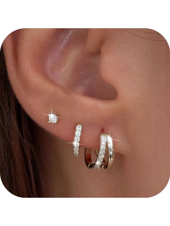 3 Pairs 18K White Gold Plated Hoop Earrings for Women with S925 Sterling Silver Post CZ Huggie Hypoallergenic Stud Earring Sets Birthday Christmas Jewelry Gifts Teen Adult Stocking Stuffers