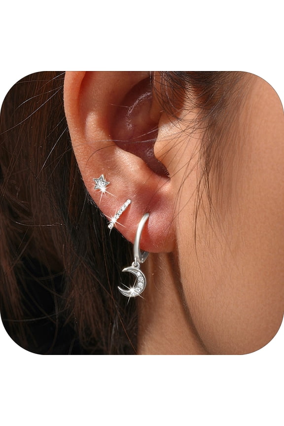 3 Pairs 18K White Gold Plated Stud Earrings for Women CZ Hypoallergenic Post S925 Sterling Silver Hoop Earring Set Birthday Valentines Day Jewelry Gifts Teen Girlfriend Wife Mom Her Age Ideas