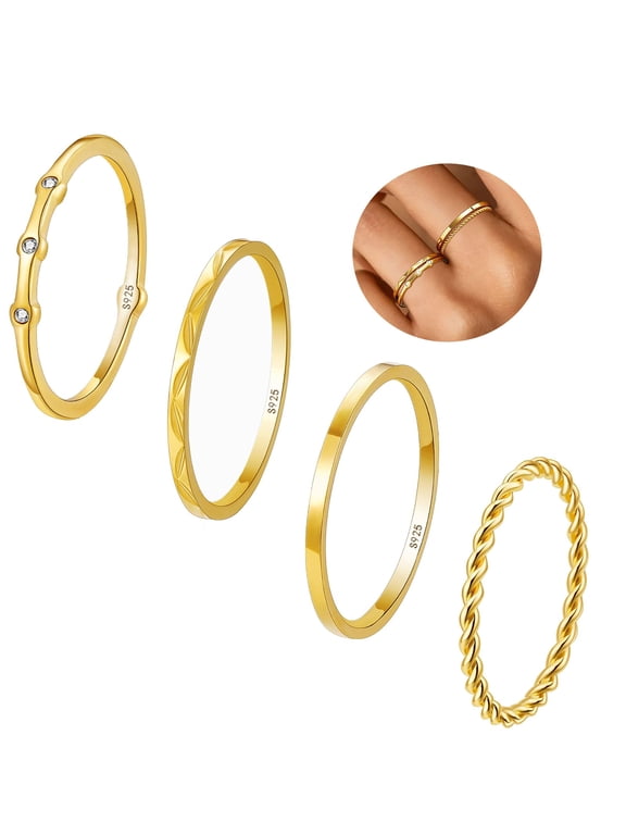 4PCS 18K Gold Plated Rings for Women Non Tarnish Fashion CZ Pinky Stackable Ring Set Wedding Birthday Christmas Jewelry Gifts Teen Her Adults Wife Mom Stocking Stuffers Size 5/6/7/8/9/10/11