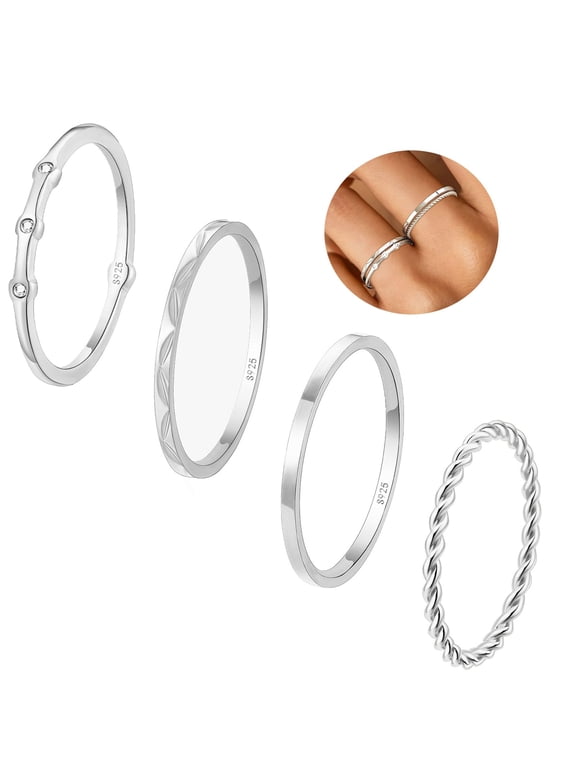 4PCS 925 Silver Plated Rings for Women Non Tarnish CZ Fashion Thumb Pinky Stackable Ring Set Birthday Christmas Jewelry Gifts Teen Her Adults Wife Stocking Stuffers Ideas Size 5/6/7/8/9/10/11