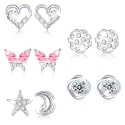 5 Pairs Stud Earrings for Women CZ Small Cartilage S925 Sterling Silver Post Hypoallergenic Earring Sets for Multiple Piercing Birthday Jewelry Gifts Teen Her W