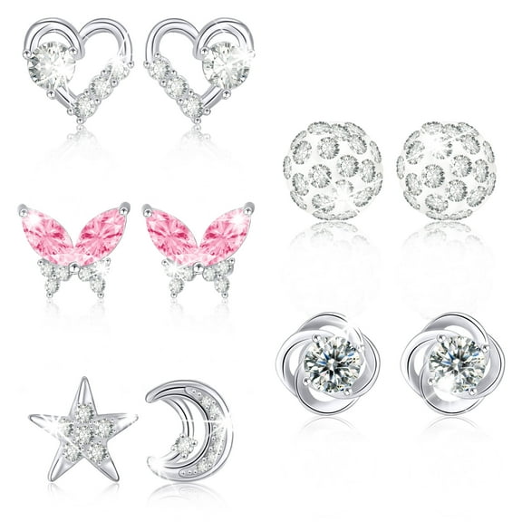 DORANA 5 Pairs Stud Earrings for Women CZ Hypoallergenic Post S925 Sterling Silver Love Heart/Butterfly/Star/Moon Earring Sets Birthday Valentines Day Jewelry Gifts Teen Girlfriend Wife Mom Age Ideas