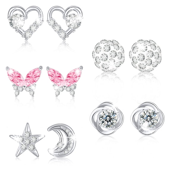 DORANA 5 Pairs Stud Earrings for Women CZ Small Cartilage S925 Sterling Silver Post Hypoallergenic Earring Sets for Multiple Piercing Birthday Jewelry Gifts Teen Her Wife Mom Ideas