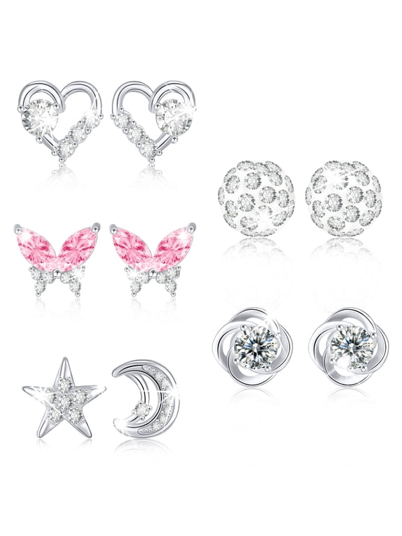 5 Pairs Stud Earrings for Women CZ Small Cartilage S925 Sterling Silver Post Hypoallergenic Earring Sets for Multiple Piercing Birthday Jewelry Gifts Teen Her Wife Mom Ideas