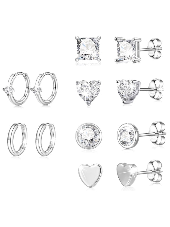 6 Pairs 18K White Gold Plated Hoop Earrings for Women with S925 Sterling Silver Post CZ Huggie Hypoallergenic Stud Earring Sets Birthday Christmas Jewelry Gifts Teen Adult Stocking Stuffers