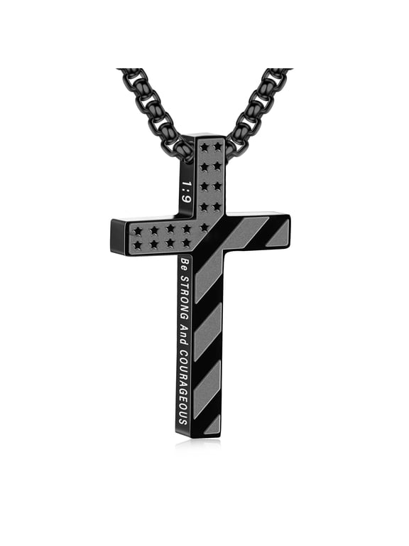 Black Cross Necklaces for Men Boys American Flag Pendant Chain Catholic Christian Religious Birthday Christmas Jewelry Gifts Ideas Dad Tween Son Boyfriend Stocking Stuffers Kids Age Kids Age