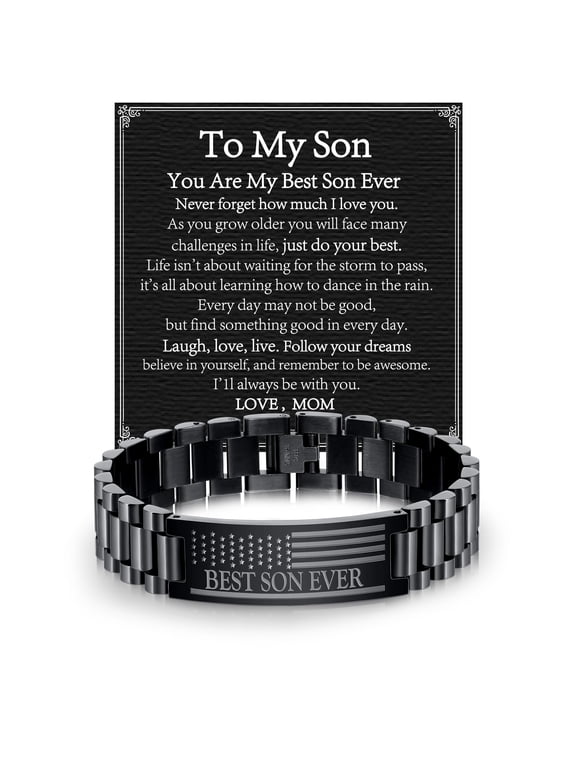 Bracelets for Men Boys American Flag Bracelet to My Best Son from Mom Stainless Steel Watch Band Bracelet Graduation Birthday Christmas Jewelry Gifts Teen Teenage Kids Stocking Stuffers Age