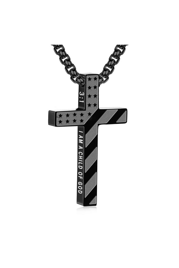 Black Cross Necklaces for Men Boys American Flag Pendant Chain Catholic Christian Religious Birthday Valentines Day Jewelry Gifts Teen Him Dad Boyfriend Husband Male Son Adults Kids Age Ideas