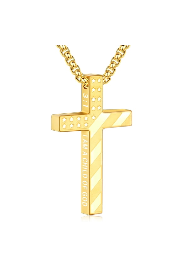 Gold Plated Cross Necklaces for Men Boys American Flag Pendant Chain Catholic Christian Religious Birthday Valentines Day Jewelry Gifts Teen Him Dad Boyfriend Husband Son Adults Kids Age Ideas