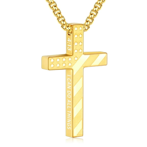 DORANA Gold Plated Cross Necklaces for Men Boys American Flag Pendant Chain Catholic Christian Religious Birthday Valentines Day Jewelry Gifts Teen Him Dad Boyfriend Husband Male Son Kids Age Ideas