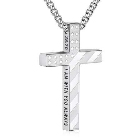 DORANA Silver Cross Necklaces for Men Boys American Flag Pendant Chain Catholic Christian Religious Birthday Fathers Day Jewelry Gifts Teen Him Dad Tween Son Preteen Adults Kids Age Ideas