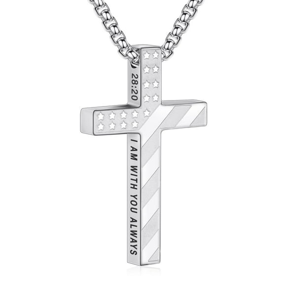 DORANA Silver Cross Necklaces for Men Boys American Flag Pendant Chain Catholic Christian Religious Birthday Valentines Day Jewelry Gifts Teen Him Dad Boyfriend Husband Male Son Adults Kids Age Ideas