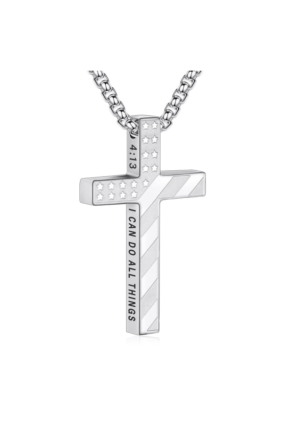Silver Cross Necklaces for Men Boys American Flag Pendant Chain Catholic Christian Religious Birthday Fathers Day Jewelry Gifts Teen Him Dad Tween Son Preteen Adults Kids Age Ideas