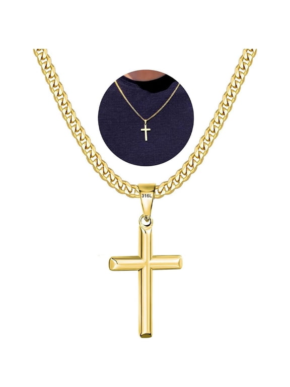 Gold Plated Cross Necklaces for Men Boys 316L Stainless Steel Cross Pendant Chain Catholic Christian Religious Birthday Christmas Jewelry Gifts Teen Boys Stocking Stuffers for Kids 20 Inch