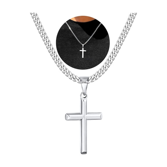 DORANA Silver Plated Cross Necklaces for Men Boys 316L Stainless Steel Cross Pendant Chain Catholic Christian Religious Birthday Christmas Jewelry Gifts Teen Boys Stocking Stuffers for Kids 24 Inch
