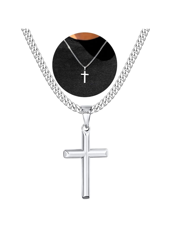 Silver Plated Cross Necklaces for Men Boys Stainless Steel Cross Pendant Chain Religious Birthday Gifts for 6 7 8 9 10 11 12 13 14 15 16 17 Year Old Age Boys Teen Teenage Tween Kids Ideas