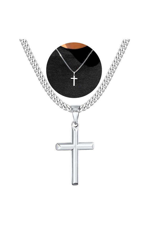 Silver Cross Necklaces for Men Boys Stainless Steel Cross Pendant Chain Catholic Religious Christian Birthday Valentine's Day Jewelry Gifts Teen Boyfriend Husband Dad Son Tween Kids Age Ideas