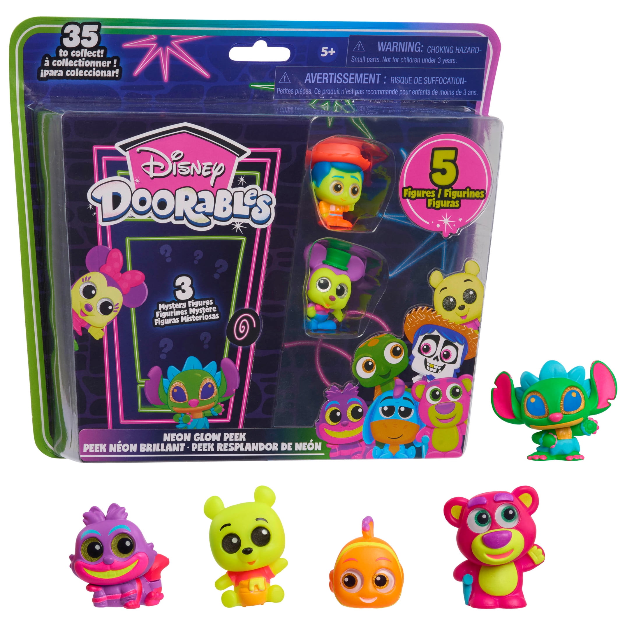 Disney Doorables Neon Glow Peek Figures, 5 Special Edition 1.5-inch Collectible Figurines, Kids Toys for Ages 5 up