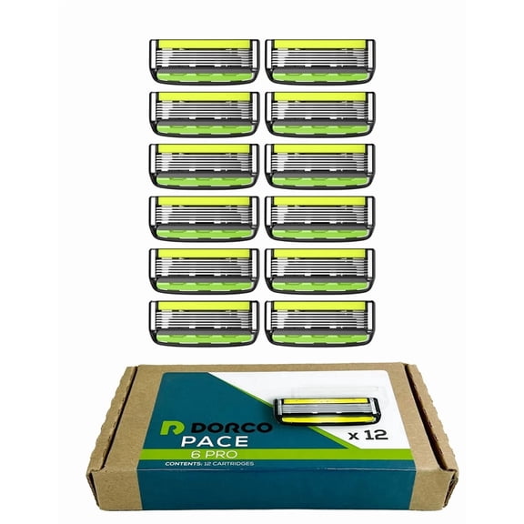 DORCO Pace 6 Pro - Six Blade Razor System with Trimmer - 12 Cartridge Refill Pack (No Handle)