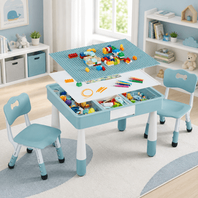DOREROOM 4 in 1 Kids Table and 2 Chairs Set with Storage, Toddler Table and Chair Set for Kids Ages 3-10, Graffiti & Building Blocks Double-Sided Tabletop (Grayish Blue, 2 Chairs)